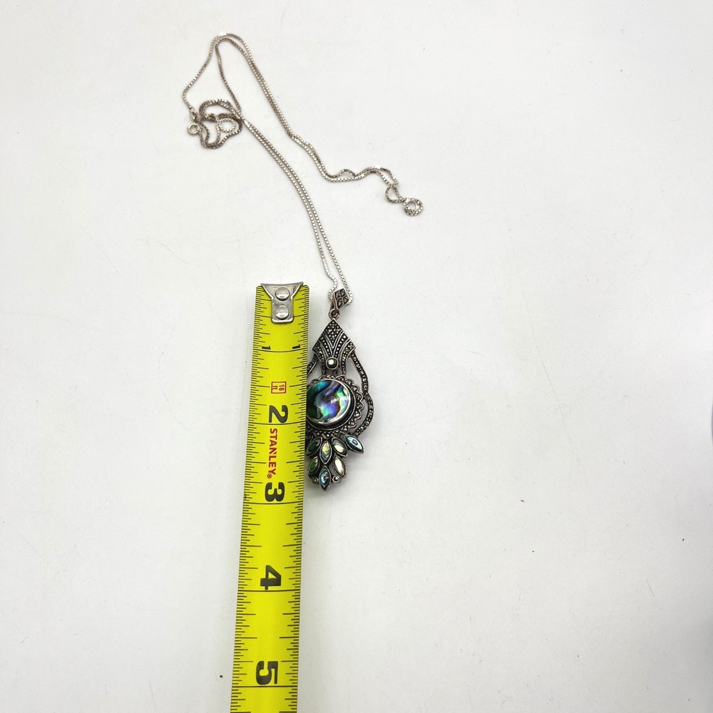 Sterling Silver Abalone Marcasite Pendant Brooch Necklace 30 Inch Box Chain 925 - Picture 7 of 9